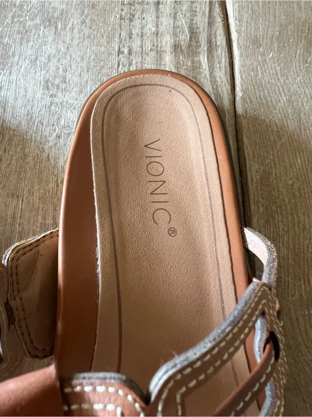 Vionic Tan Brown T-Strap Leather Slide Sandals - Picture 5 of 11